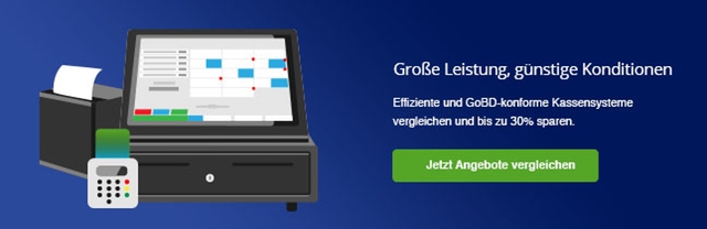 Elektronische Registrierkasse - Große Leistung, günstige Konditionen Auf dem Bild ist die Illustration einer Touchscreen Kasse mit Bondrucker und Kartenlesegerät zu sehen