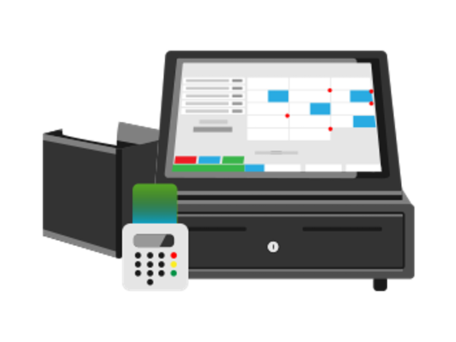 Illustration einer elektronischen Registrierkasse bestehend auf Touchdisplay mit Kassenschublade, Bondrucker und Kartenlesegerät