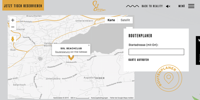 Screenshot der eingebauten Google Map auf der Website vol Sol Beach